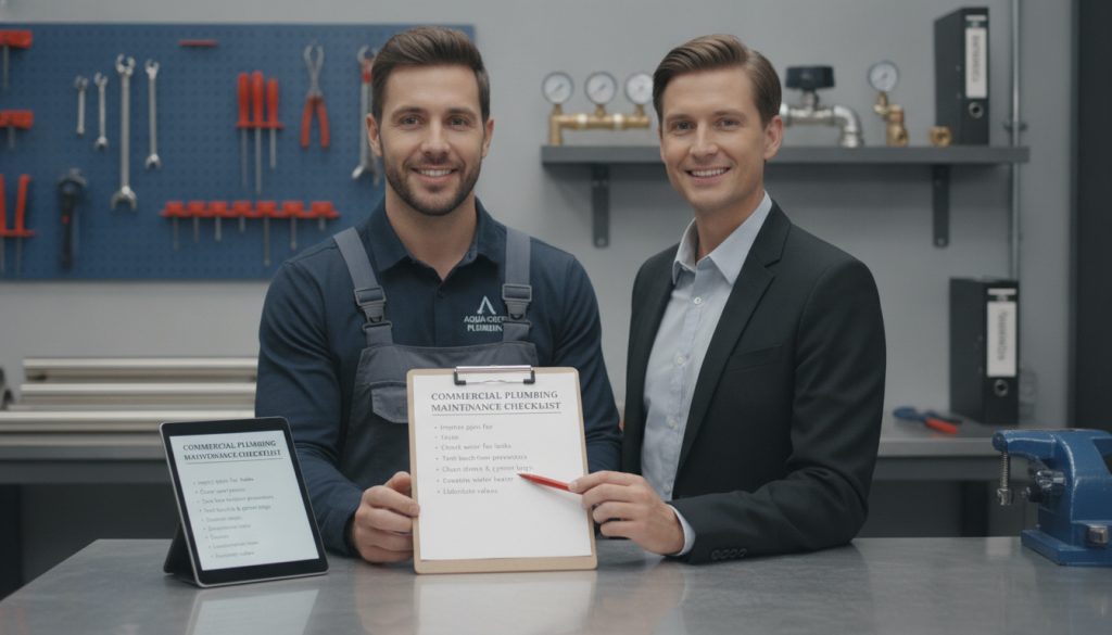 Commercial plumbing maintenance checklist visual for property managers in Plymouth